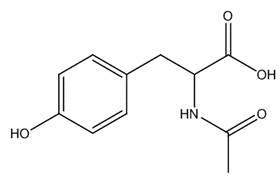 Representative chemical structure of acetyl tyrosine, with SMILES notation: CC(=O)NC(CC1=CC=C(C=C1)O)C(=O)O